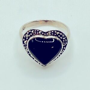 Vintage Sterling Silver Onyx and Marcasite Heart Ring Size 6